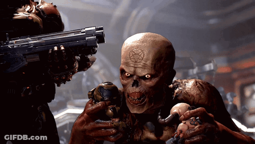 A Video Game Character With A Pentagram On His Head Holds A Skull GIF