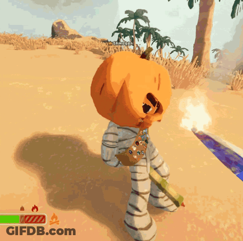 A Video Game Character With A Pumpkin On His Head And The Name Shimogan On The Bottom Right GIF