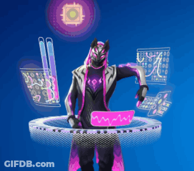 A Video Game Character With A Purple And Black Outfit Holding A Pink Board GIF