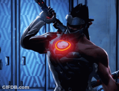 A Video Game Character With A Red Light On His Chest Holds A Sword GIF