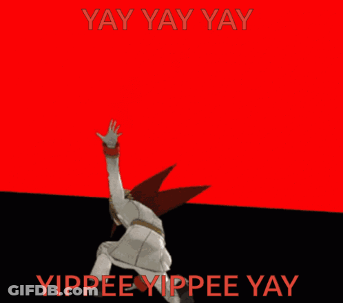A Video Game Character With A Red Mask Says Yay Yay Yay GIF