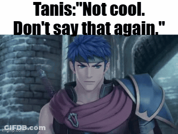 A Video Game Character With A Scarf Around His Neck Says " Tanis " Not Cool Don 'T Say That Again " GIF