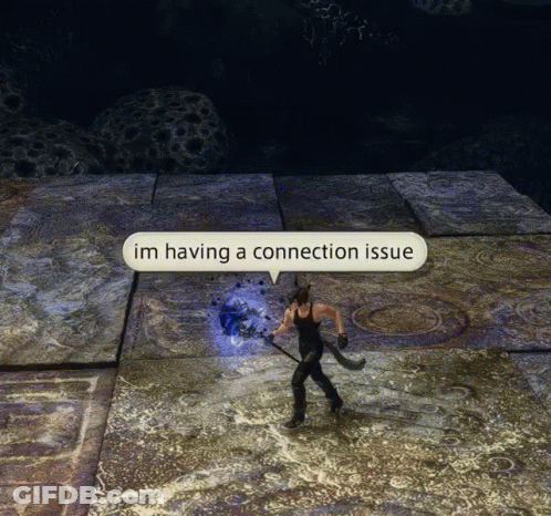 A Video Game Character With A Speech Bubble That Says " Im Having A Connection Issue " GIF
