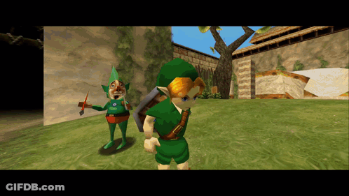 A Video Game Character With A Sword And Shield Standing Next To Another Character GIF