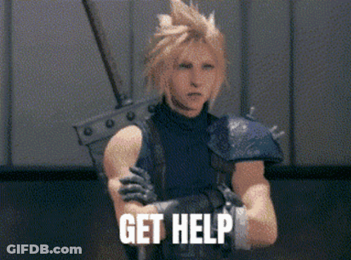 A Video Game Character With A Sword And The Words Get Help GIF