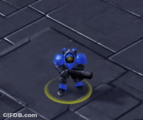 A Video Game Character With Blue Arms And A Gun GIF