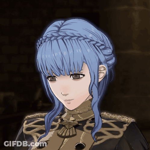 A Video Game Character With Blue Hair And A Braid GIF