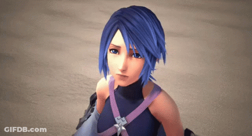 A Video Game Character With Blue Hair And A Purple Ribbon Around Her Waist GIF