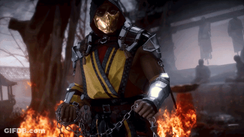 A Video Game Character With Chains Around His Waist Is Standing In Front Of A Fire GIF