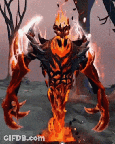 A Video Game Character With Flames Coming Out Of His Chest And Arms GIF