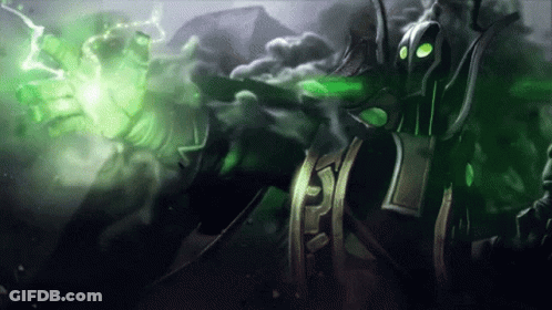 A Video Game Character With Green Eyes And Horns Is Surrounded By Green Smoke . GIF