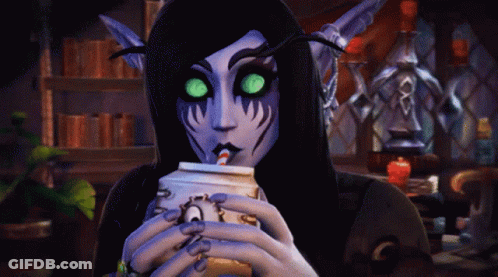 A Video Game Character With Green Eyes Drinking From A Cup With A Straw GIF
