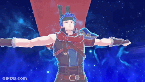 A Video Game Character With His Arms Outstretched Against A Blue Background GIF