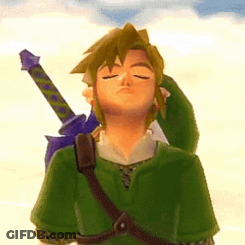 A Video Game Character With His Eyes Closed And A Sword On His Shoulder . GIF
