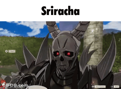 A Video Game Character With Horns And The Name Sriracha On The Top GIF