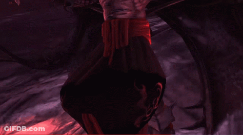 A Video Game Character With Long Red Nails Is Holding Another Character 'S Hand GIF