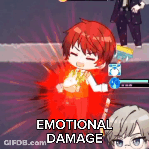 A Video Game Character With Red Hair Is Being Hit By An Emotional Damage Attack . GIF