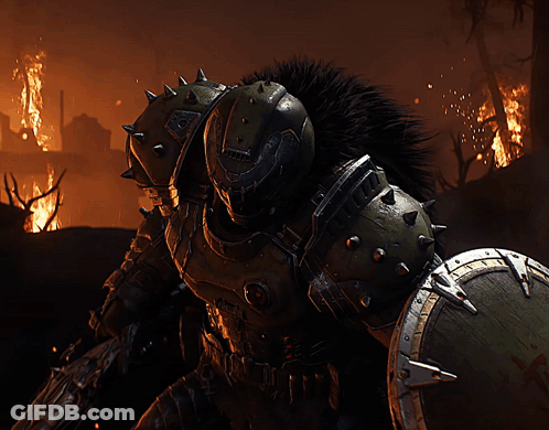 A Video Game Character With Spiked Armor And A Helmet That Says ' Doom Eternal ' On It GIF