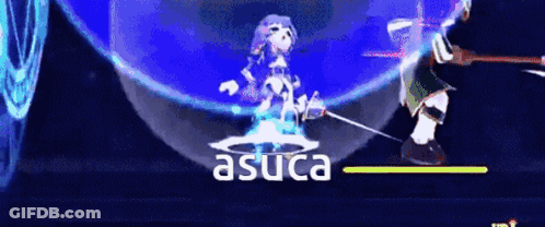 A Video Game Character With The Name Asuca On The Bottom Right GIF