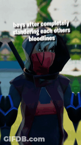 A Video Game Character With The Words Boys After Completely Slandering Each Others Bloodlines At The Top GIF