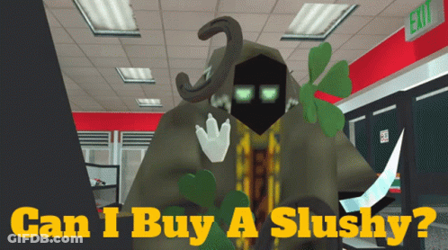 A Video Game Character With The Words Can I Buy A Slushy On The Bottom GIF