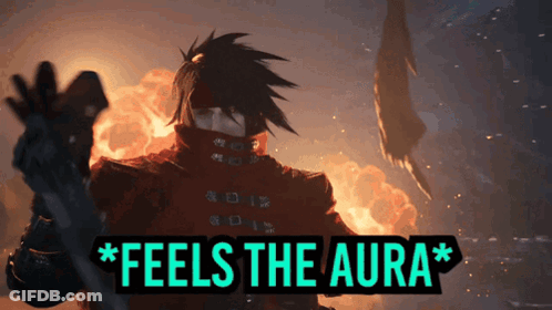 A Video Game Character With The Words * Feels The Aura * On The Bottom GIF