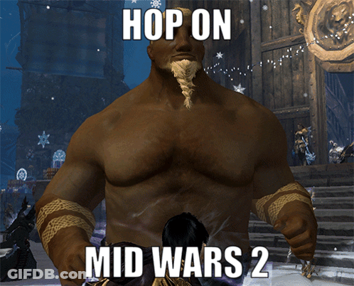 A Video Game Character With The Words Hop On Mid Wars 2 On The Bottom GIF