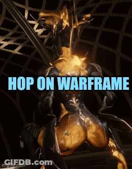 A Video Game Character With The Words Hop On Warframe GIF