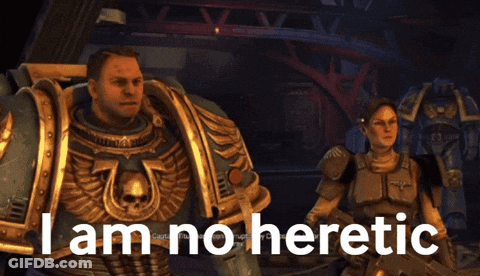 A Video Game Character With The Words I Am No Heretic On The Bottom GIF