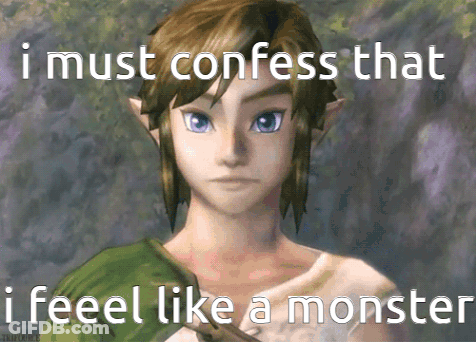 A Video Game Character With The Words " I Must Confess That I Feel Like A Monster " Below Him GIF