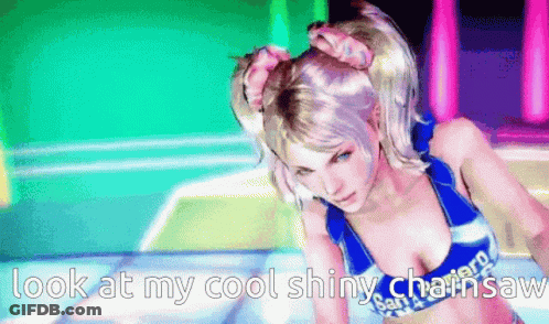 A Video Game Character With The Words Look At My Cool Shiny Chainsaw On The Bottom GIF