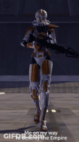 A Video Game Character With The Words Me On My Way To Destroy The Empire Below Him GIF