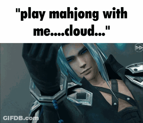 A Video Game Character With The Words " Play Mahjong With Me Cloud " GIF