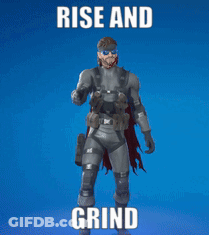 A Video Game Character With The Words Rise And Grind Written On It GIF
