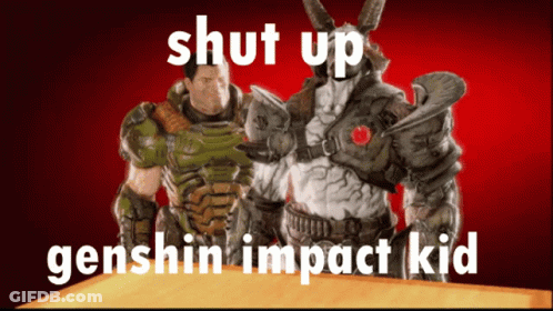 A Video Game Character With The Words Shut Up Genshin Impact Kid On It GIF