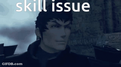 A Video Game Character With The Words Skill Issue Written Above Him GIF