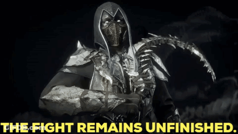A Video Game Character With The Words " The Fight Remains Unfinished " On The Bottom GIF