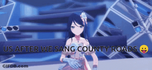 A Video Game Character With The Words Us After We Sang County Roads Above Her GIF