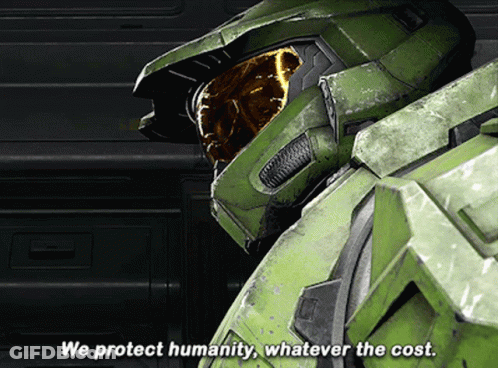 A Video Game Character With The Words We Protect Humanity Whatever The Cost GIF