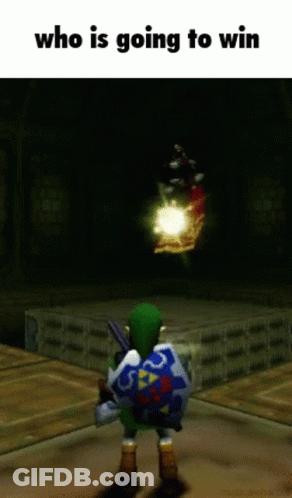 A Video Game Character With The Words Who Is Going To Win At The Top GIF