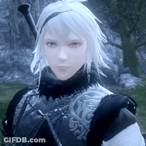 A Video Game Character With White Hair And A Black And White Outfit GIF