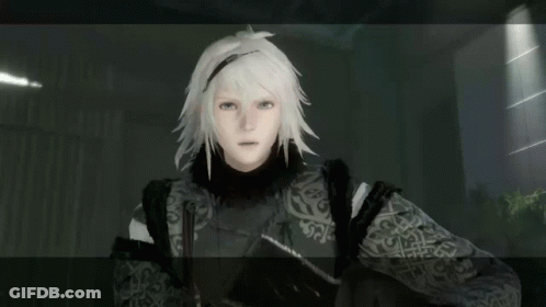 A Video Game Character With White Hair And A Black And White Patterned Jacket GIF