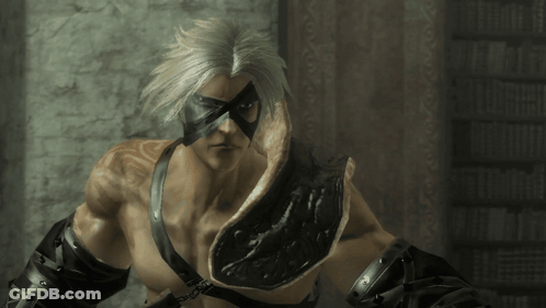 A Video Game Character With White Hair And A Black Mask GIF
