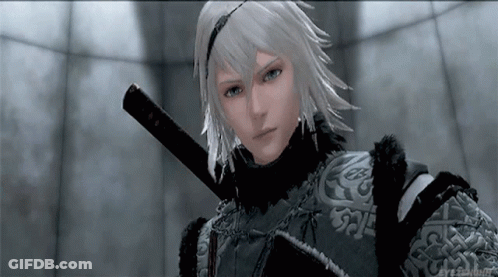 A Video Game Character With White Hair And A Sword In His Hand GIF