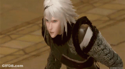 A Video Game Character With White Hair Is Standing On A Tiled Floor GIF
