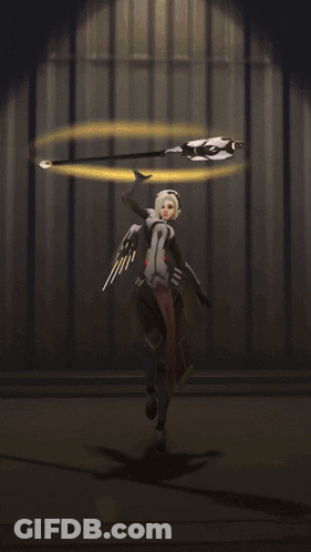 A Video Game Character With Wings And A Cane In A Dark Room GIF
