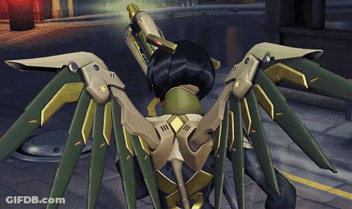 A Video Game Character With Wings And A Gun Has The Number 11 On Her Back GIF