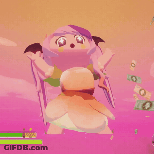 A Video Game Character With Wings And A Hamburger On Her Back GIF