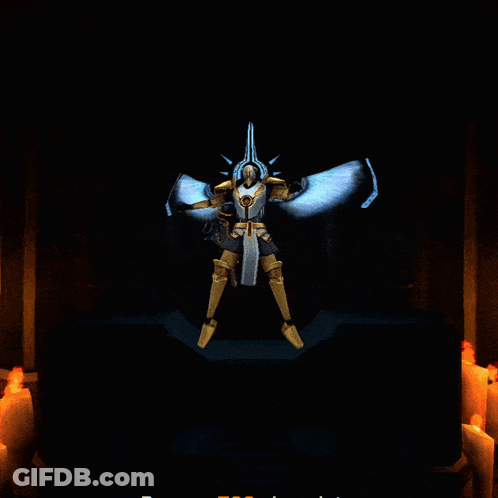 A Video Game Character With Wings Holding Swords In A Red Room GIF