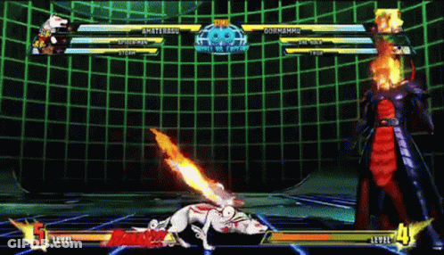 A Video Game Is Being Played Between Amaterasu And Spider Man GIF